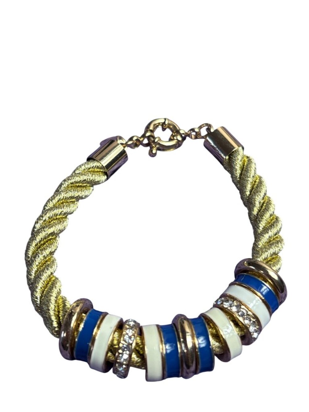 Crown & Ivy Nautical Rope Bracelet Blue Cream Enamel Clear Rhinestone Goldtone